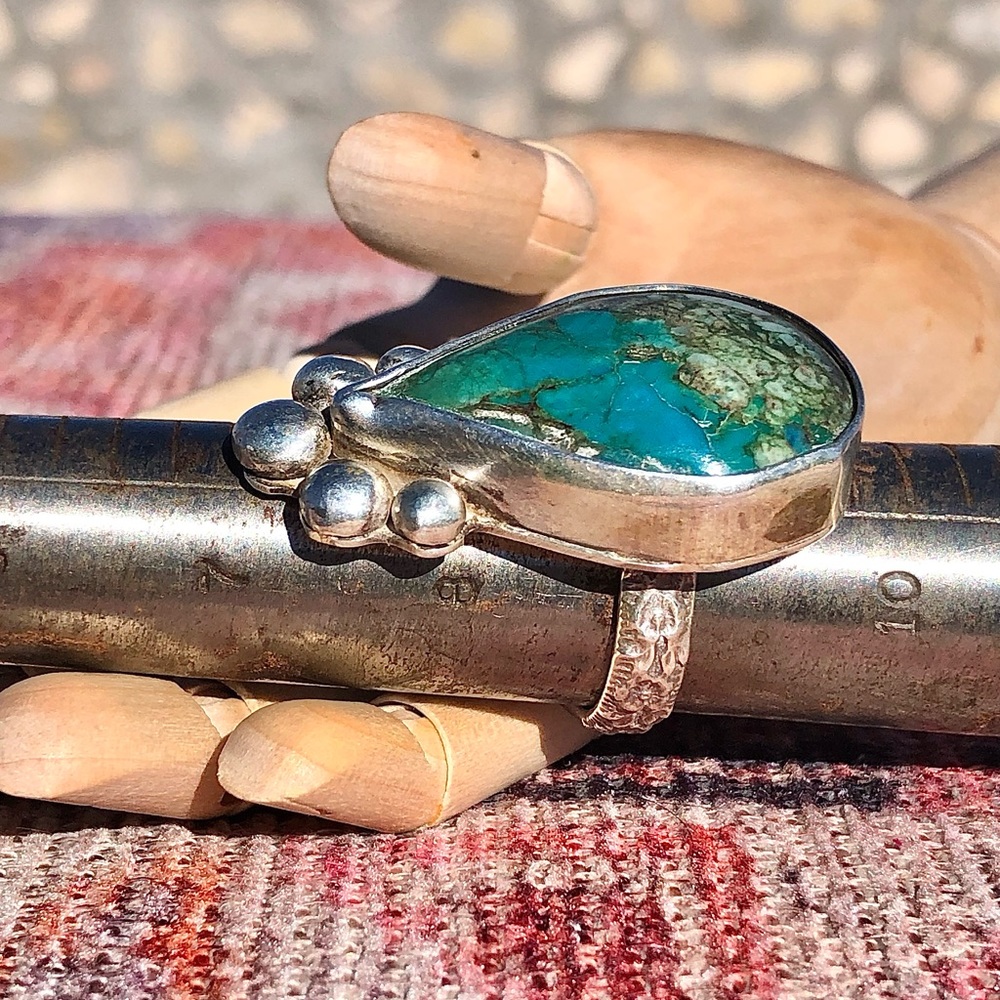 Inlaid Turquoise Handcrafted Southwestern Sterling Silver Ring - Picture 9 of 14